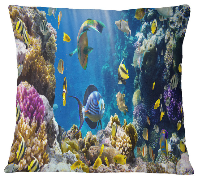 Fish In Coral Reef Seascape Photography Throw Pillow Beach Style