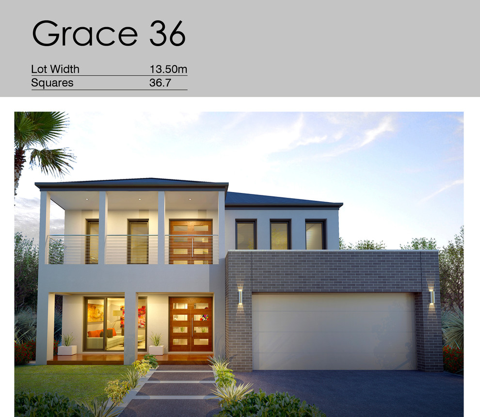 Large contemporary two-storey stucco grey house exterior in Melbourne with a hip roof and a tile roof.