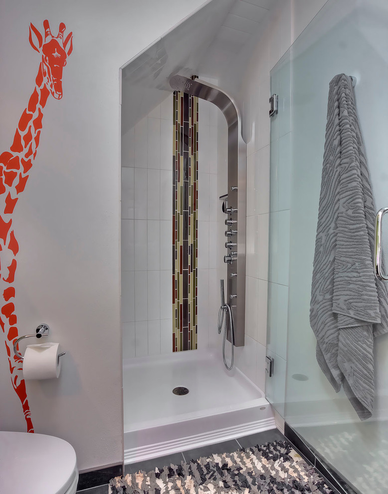 Contemporary bathroom in Seattle with an alcove shower, white tile and matchstick tile.