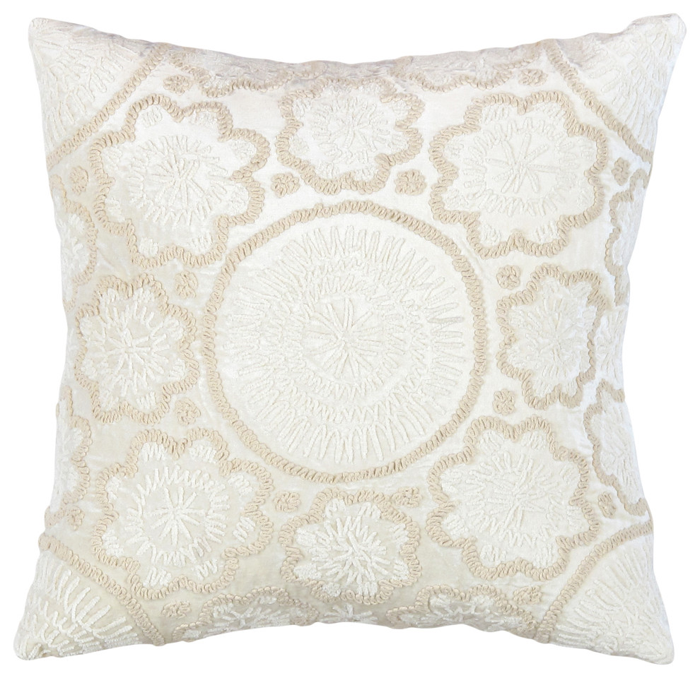 Naples Embroidered Pillow, Ivory/Beige Transitional Decorative