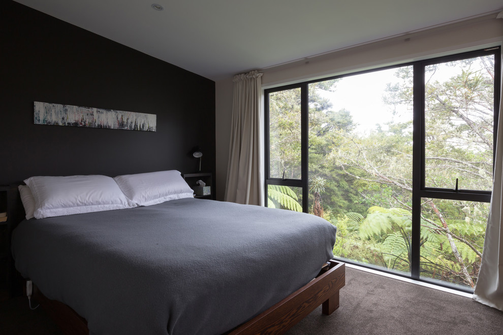 Transitional bedroom in Auckland with black walls and carpet.