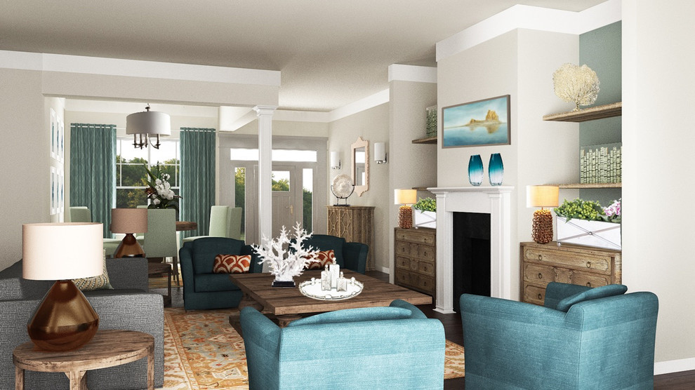 This is an example of a mid-sized beach style open concept family room in Other with grey walls, a standard fireplace and no tv.