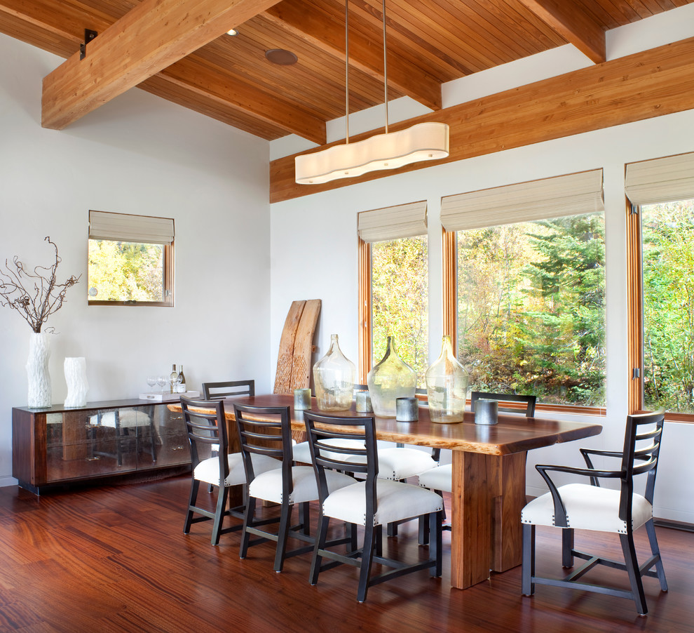Example of a mountain style dark wood floor dining room design with white walls