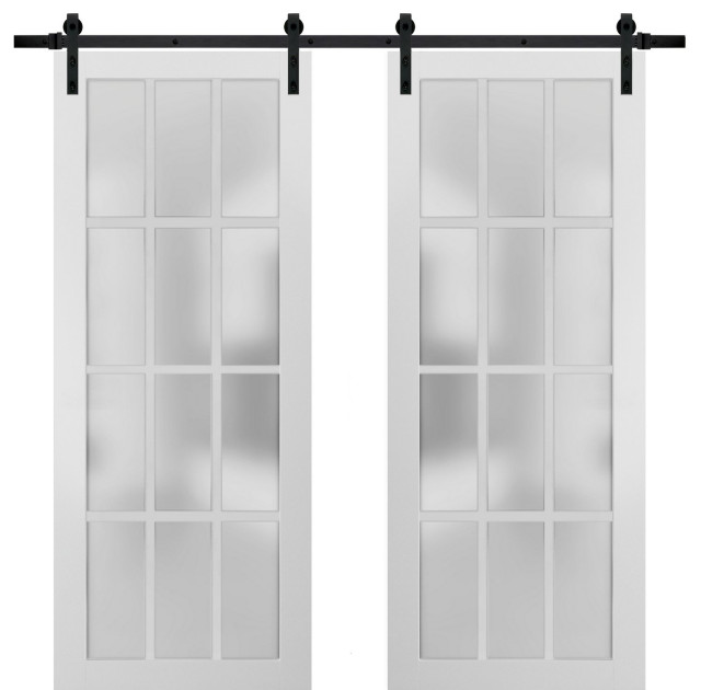 Double Barn Door Glass Felicia 3312 Matte White 13ft Rail Transitional Interior Doors By United Porte Inc - Quadro Glass Sliding Closet Doors With Installation Hardware Kit Double Barn Door Glass Felicia 3312 Matte White 13ft Rail Transitional Interior Doors By United Porte Inc - Quadro Glass Sliding Closet Doors With Installation Hardware Kit