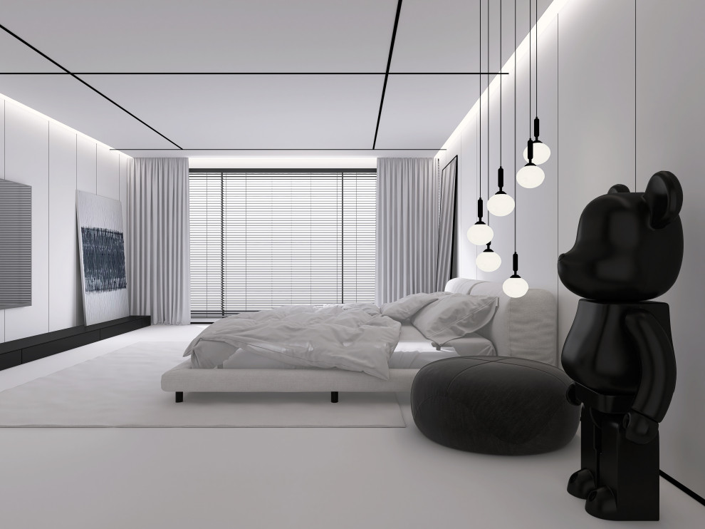 Белая спальня в стиле минимализм.  Основная чертами этой спальни это большая гар