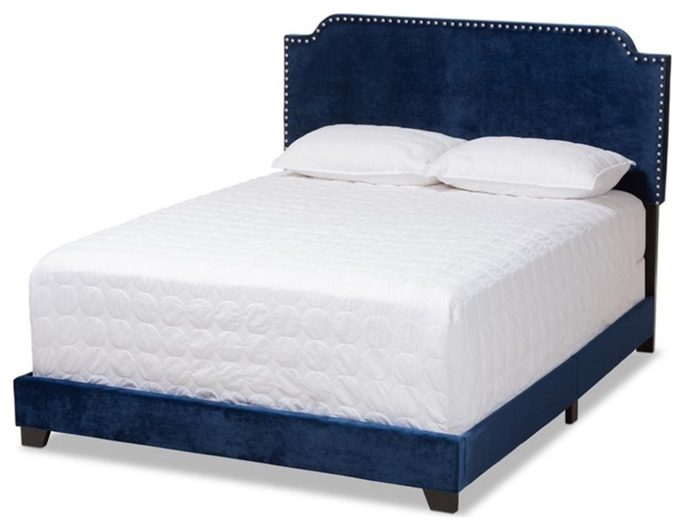 Baxton Studio Candace Velvet Nailhead Upholstered Full Bed in Navy