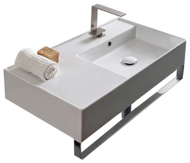 32" Ceramic Wall Mount Sink With Counter Space and Towel Bar