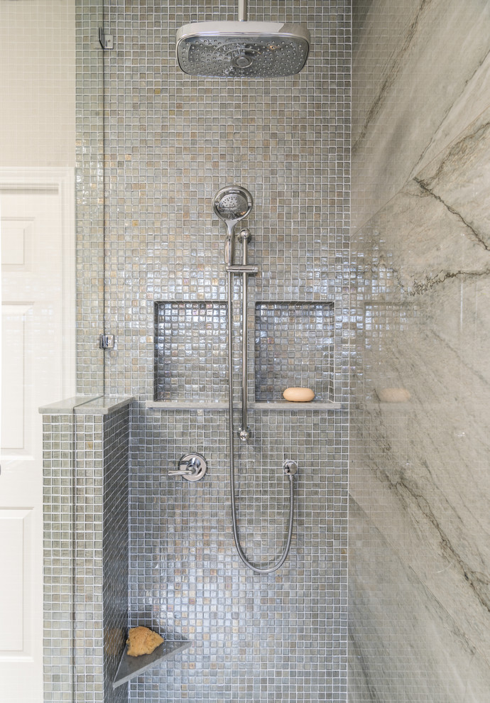 Inspiration for a mid-sized transitional master bathroom in Dallas with shaker cabinets, green cabinets, a freestanding tub, a curbless shower, a bidet, green tile, mosaic tile, beige walls, porcelain floors, an undermount sink, quartzite benchtops, beige floor, an open shower and green benchtops.