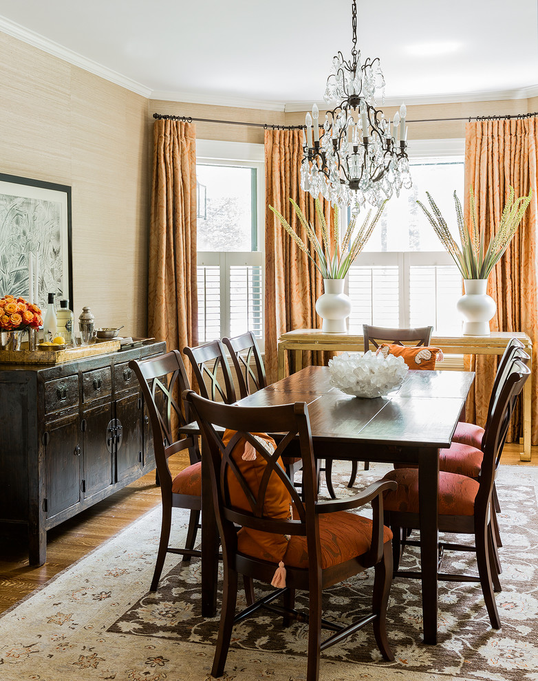 Enclosed dining room - mid-sized traditional medium tone wood floor and brown floor enclosed dining room idea in Boston with beige walls and no fireplace