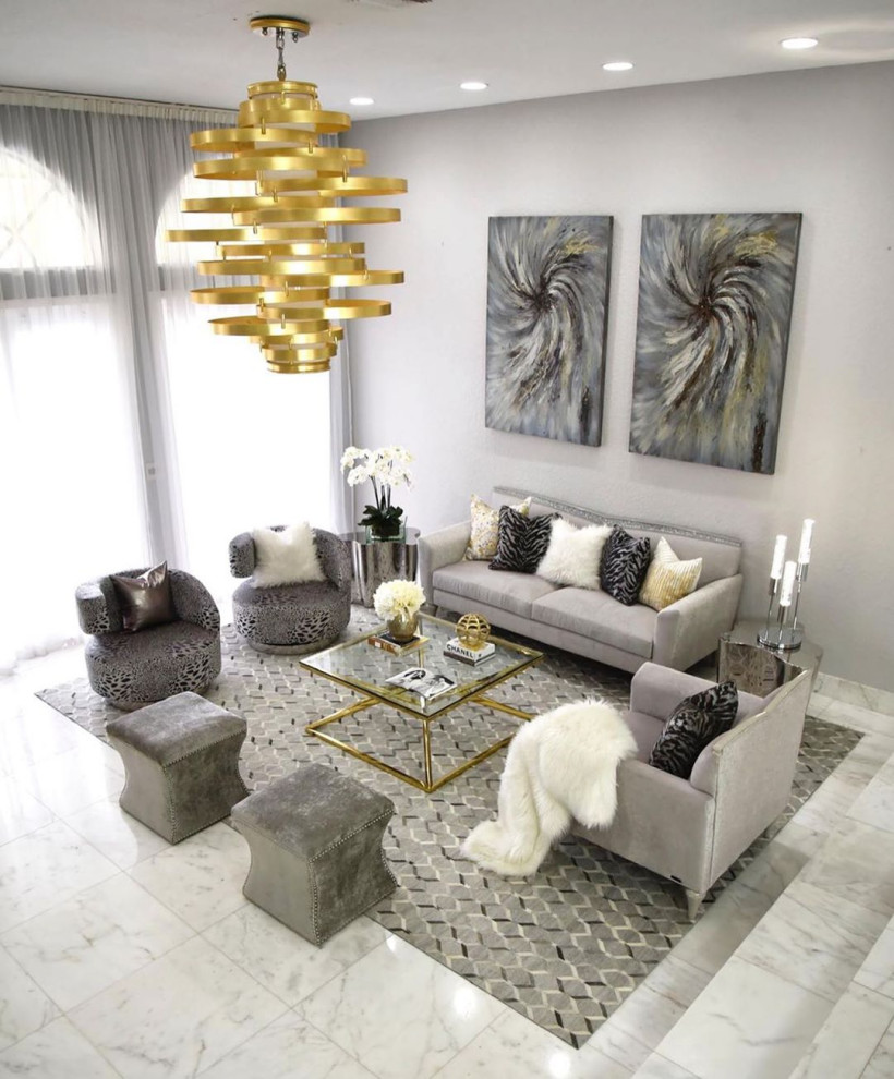 Photo of a large modern formal open concept living room in Miami with grey walls, marble floors, no tv and white floor.