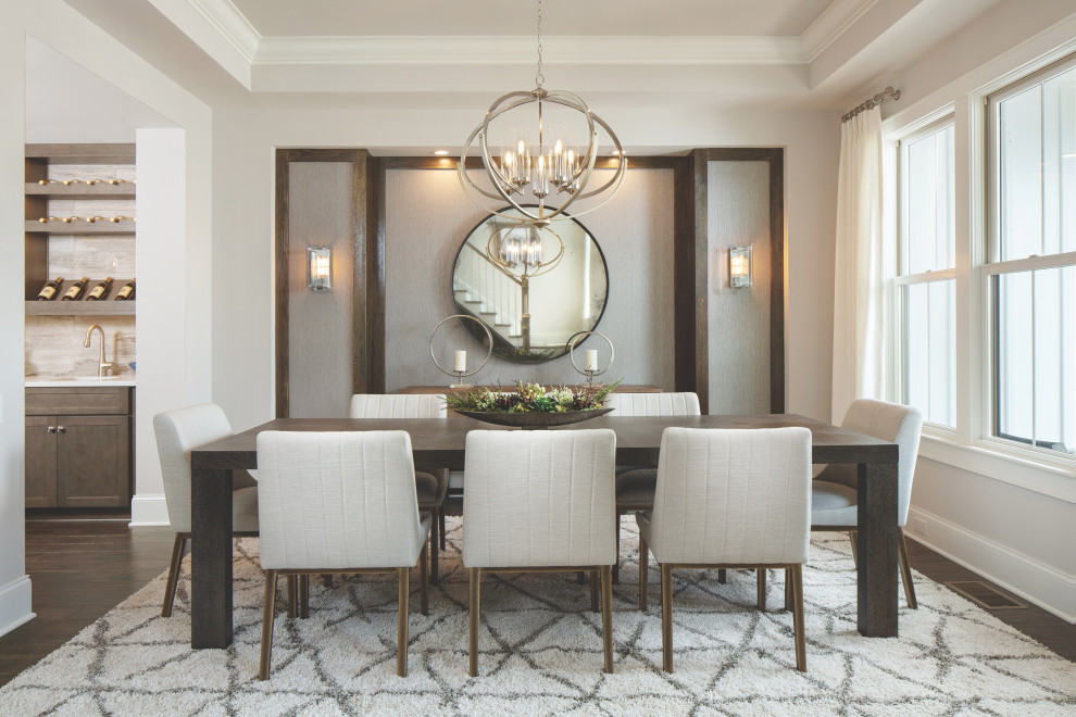 Photo of a large country open plan dining in Nashville with grey walls, dark hardwood floors, recessed and wallpaper.