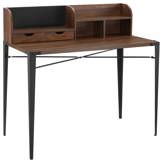 42" Industrial Secretary Desk with Hutch, Dark Walnut Industrial