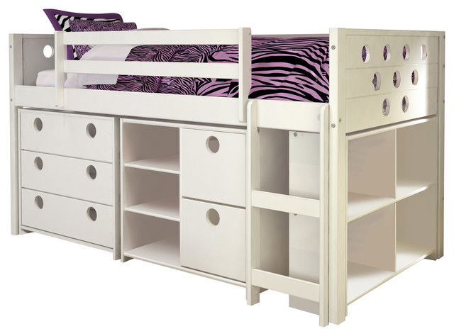 low loft bed with desk and storage