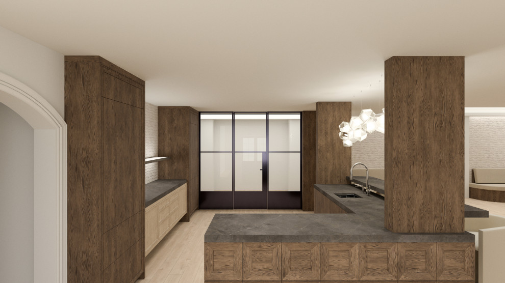 Basement - large contemporary walk-out light wood floor, beige floor, tray ceiling and wallpaper basement idea in Detroit with a home theater, beige walls, a standard fireplace and a stone fireplace