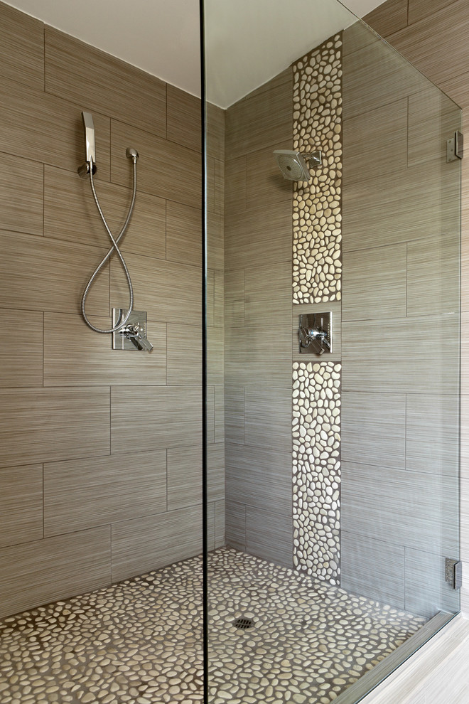 Inspiration for a mid-sized contemporary master bathroom in Los Angeles with flat-panel cabinets, dark wood cabinets, a corner tub, an open shower, a two-piece toilet, ceramic tile, white walls, ceramic floors, a drop-in sink, wood benchtops and beige tile.