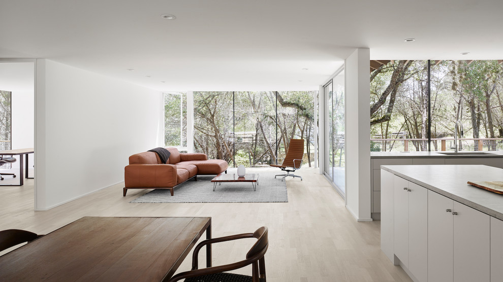 Modern open concept living room in Austin with white walls, light hardwood floors and beige floor.