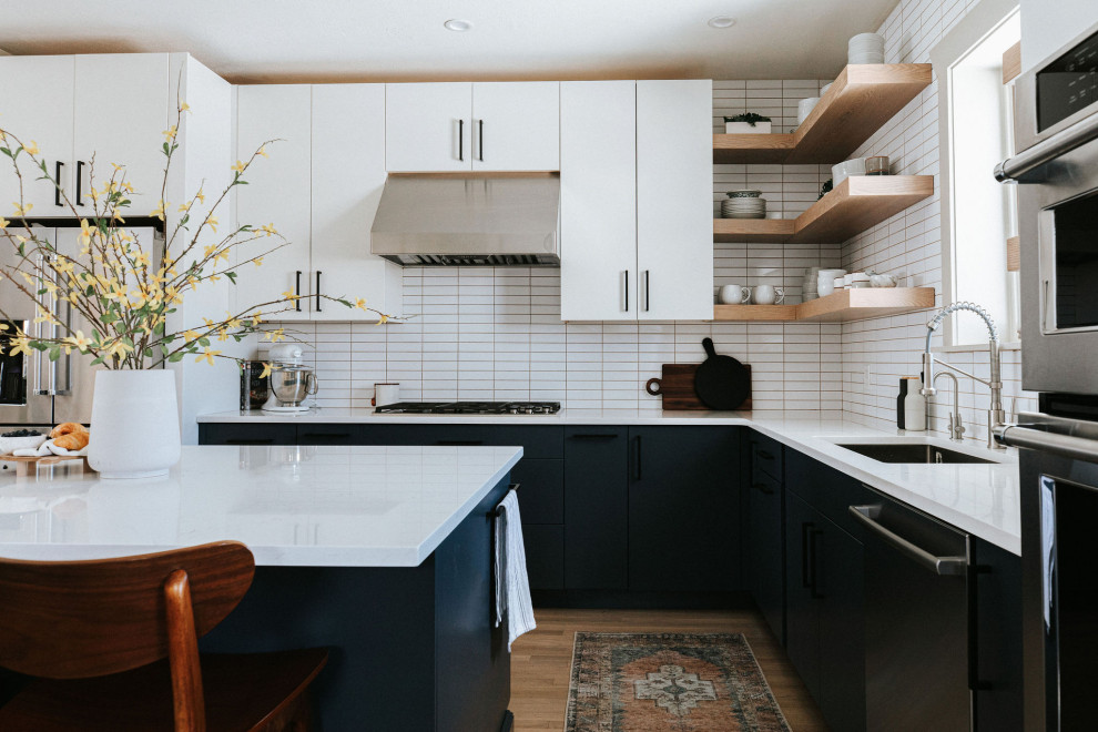 Inspiration for a modern kitchen in Denver with flat-panel cabinets and blue cabinets.