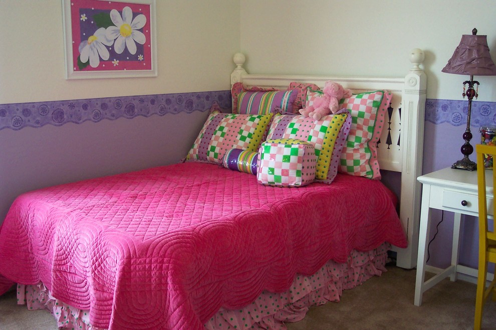 This is an example of a mid-sized traditional gender-neutral kids' bedroom in Phoenix with purple walls and carpet.