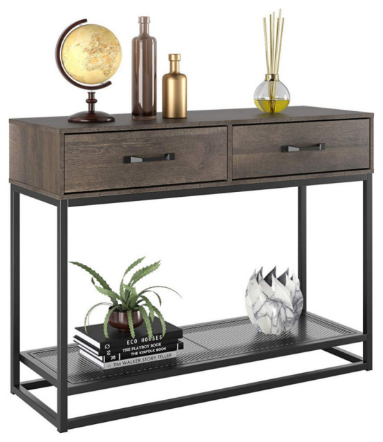 Industrial Console Table, Brown MDF Body With 2 Drawers, 2 Tier Design