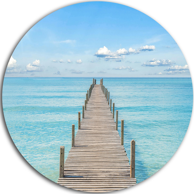 Pier Infinite to the Sea, Seascape Photo Round Metal Wall Art Beach