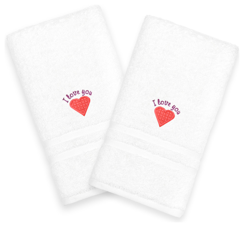 "I Love You" Embroidered White Hand Towels, Set of 2, Pink Heart