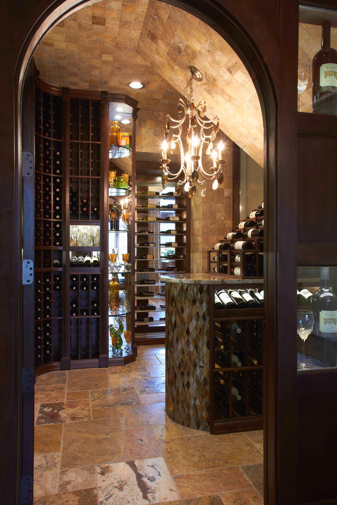 Example of a large mountain style porcelain tile and multicolored floor wine cellar design with storage racks