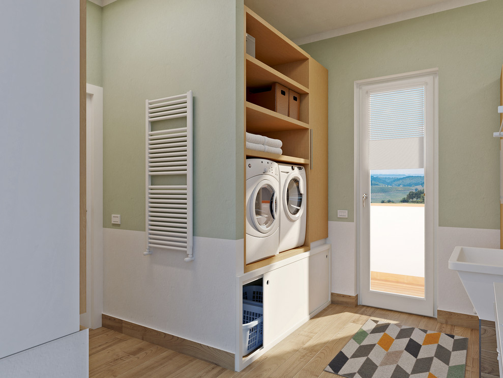 Mid-sized contemporary l-shaped dedicated laundry room in Milan with an utility sink, open cabinets, light wood cabinets, laminate benchtops, green walls, porcelain floors, a side-by-side washer and dryer, brown floor and white benchtop.