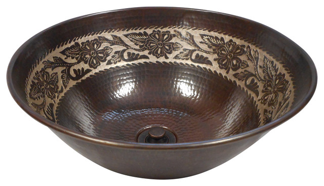 14" Round Silver Floral Overlay Copper Vessel Bath with Drain