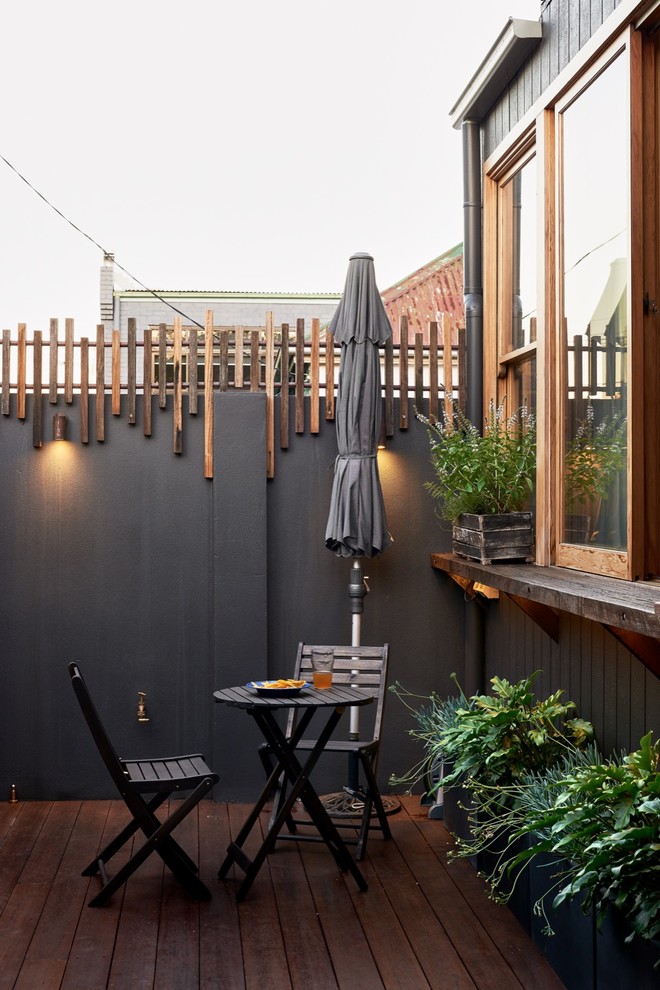 Photo of a contemporary patio in Sydney with a container garden and decking.
