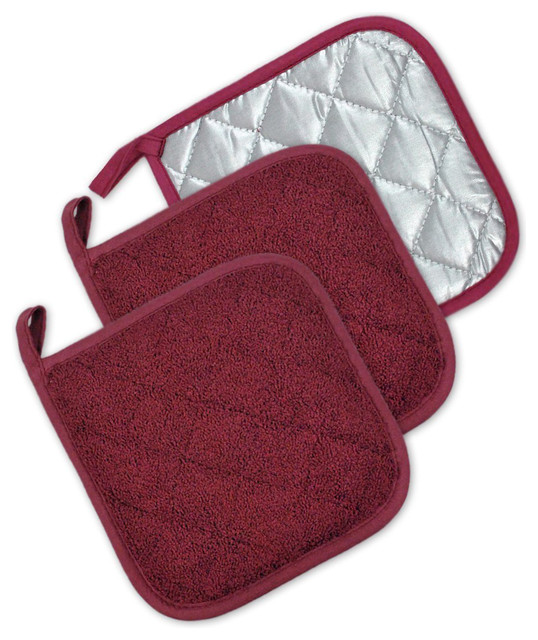 DII Terry Pot Holder Wine, Set of 3 Contemporary Oven Mitts And Pot