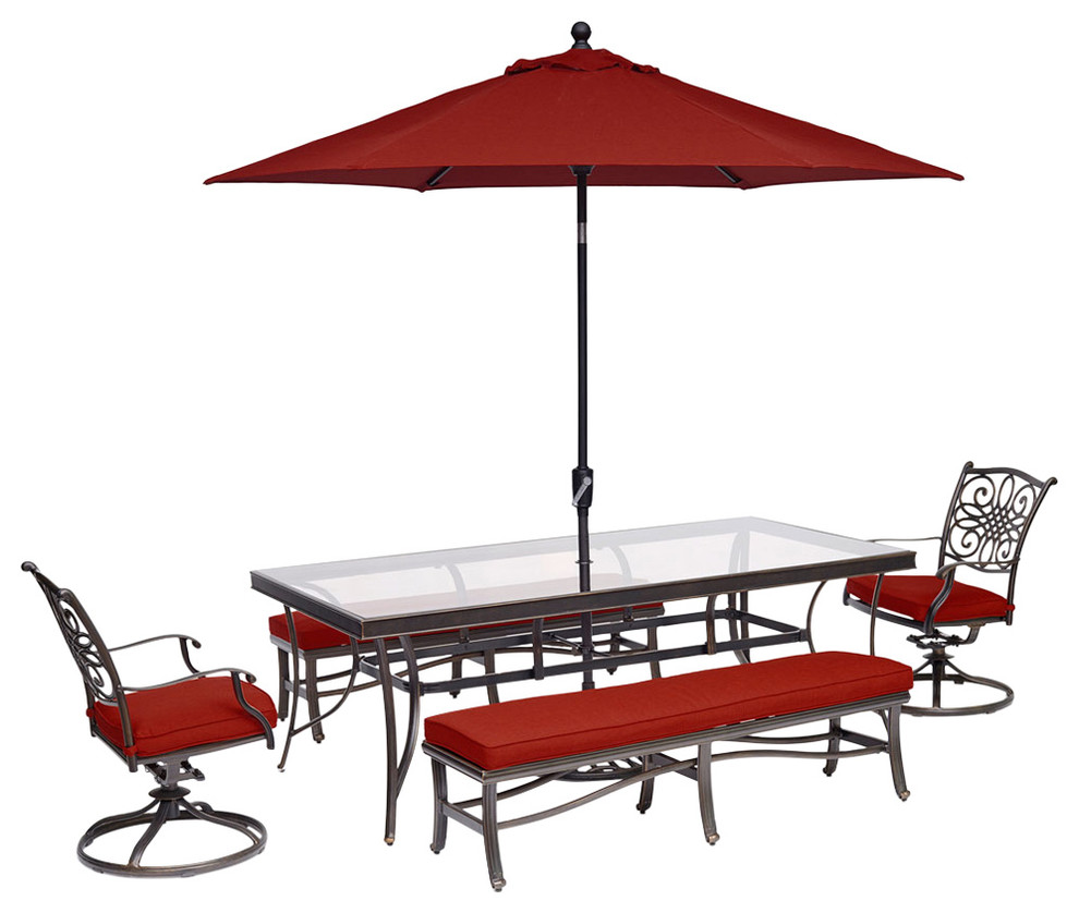 Traditions 5 Piece Patio Dining Set Rocker Bench Glass Top Table Umbrella Mediterranean Outdoor Dining Sets By Almo Fulfillment Services