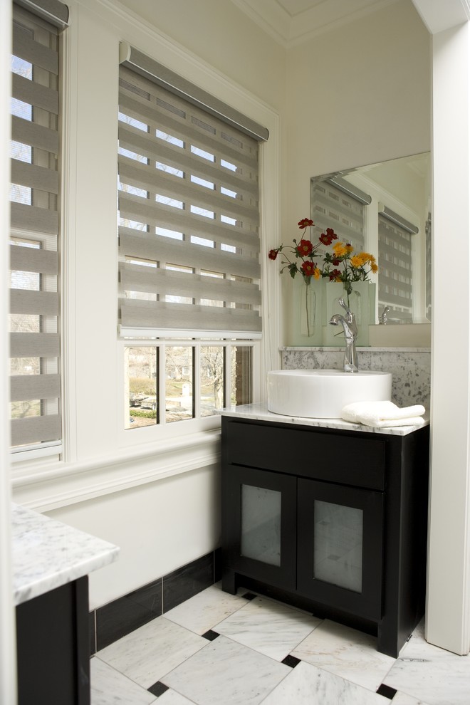 Small contemporary 3/4 bathroom in Miami with glass-front cabinets, black cabinets, a one-piece toilet, black and white tile, marble, white walls, marble floors, a vessel sink, marble benchtops and white floor.