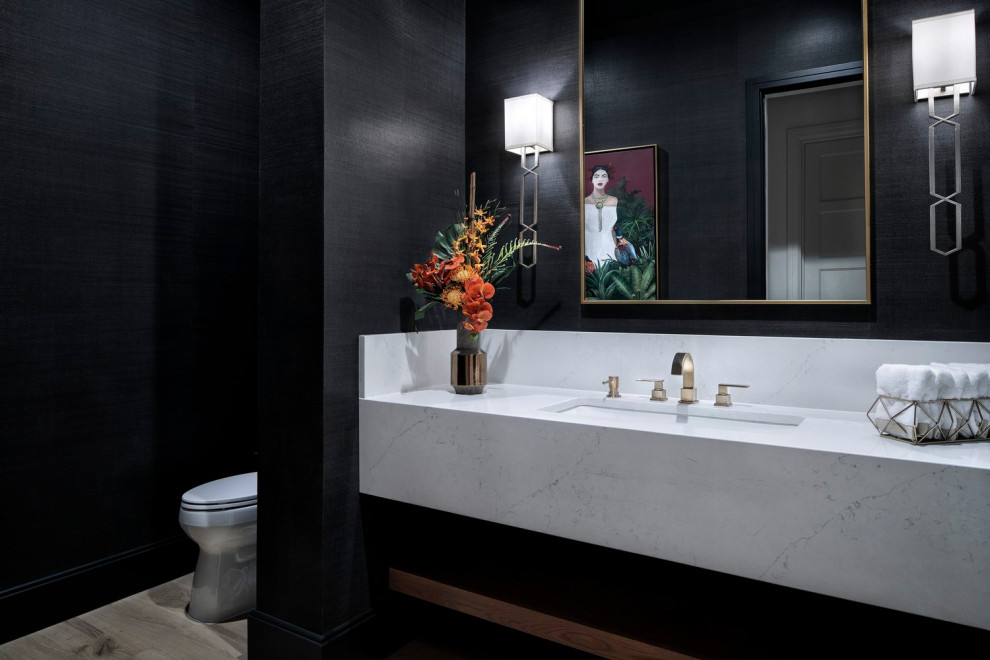 Kleines Modernes Duschbad mit weißen Schränken, Toilette mit Aufsatzspülkasten, schwarzer Wandfarbe, hellem Holzboden, Marmor-Waschbecken/Waschtisch, braunem Boden, weißer Waschtischplatte, Wandnische, Einzelwaschbecken und eingebautem Waschtisch in Austin