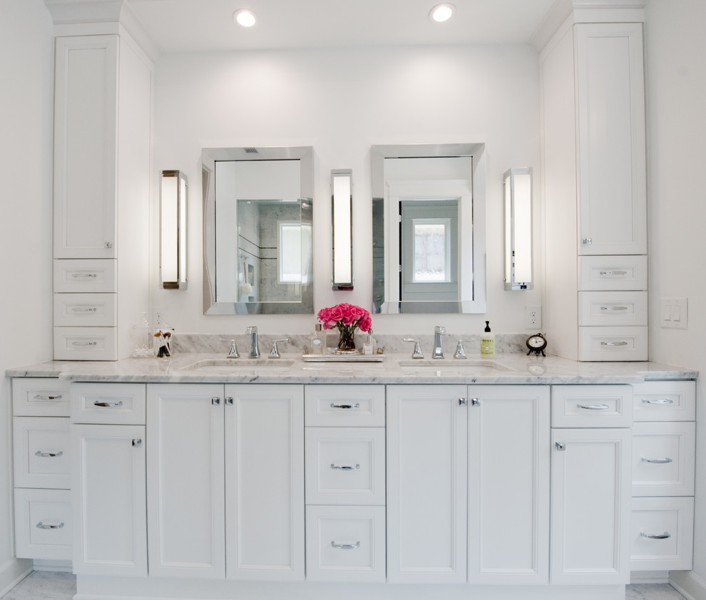 Design ideas for a large transitional master bathroom in Atlanta with grey walls, marble floors, shaker cabinets, white cabinets, marble benchtops, gray tile, mosaic tile, a freestanding tub, a two-piece toilet, an undermount sink and grey floor.