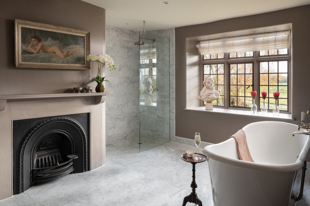 Inspiration for a large bathroom in Oxfordshire with a freestanding bath, a walk-in shower and porcelain flooring.