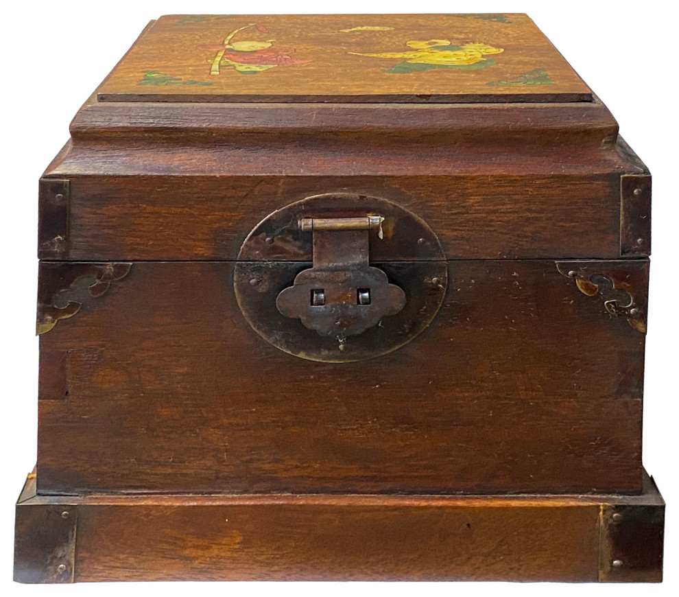 Chinese Brown MOP Inlay Motif Square Storage Box Chest Asian