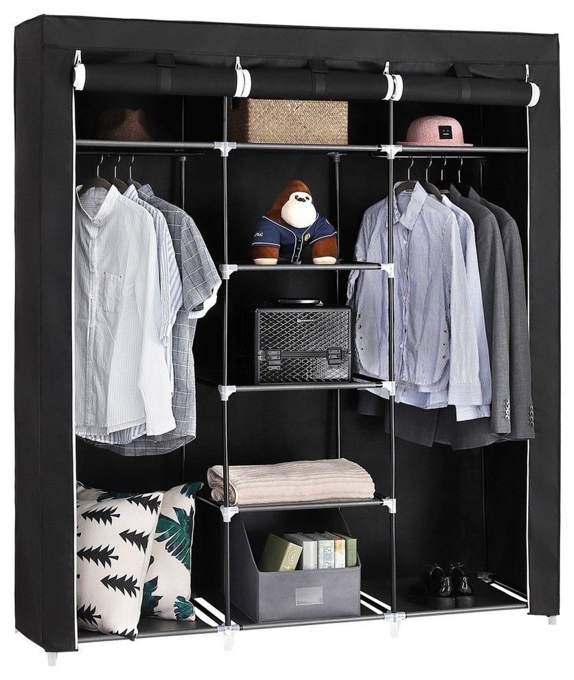 67" Portable Clothes Closet Fabric Wardrobe Double Rod Storage Organizer Gray 