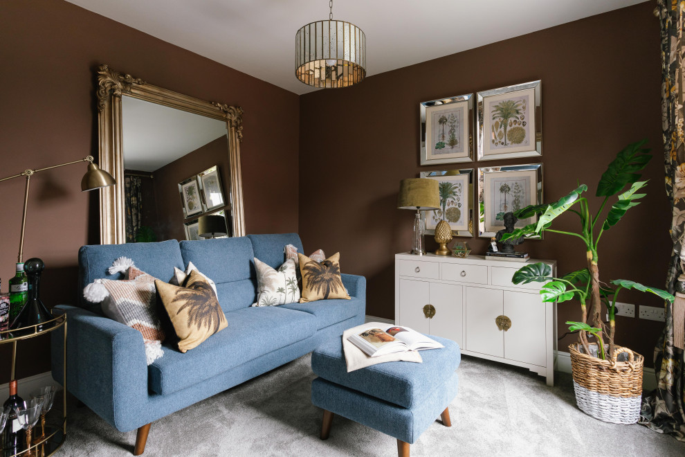 This is an example of a classic living room in Belfast with brown walls, carpet and grey floors.