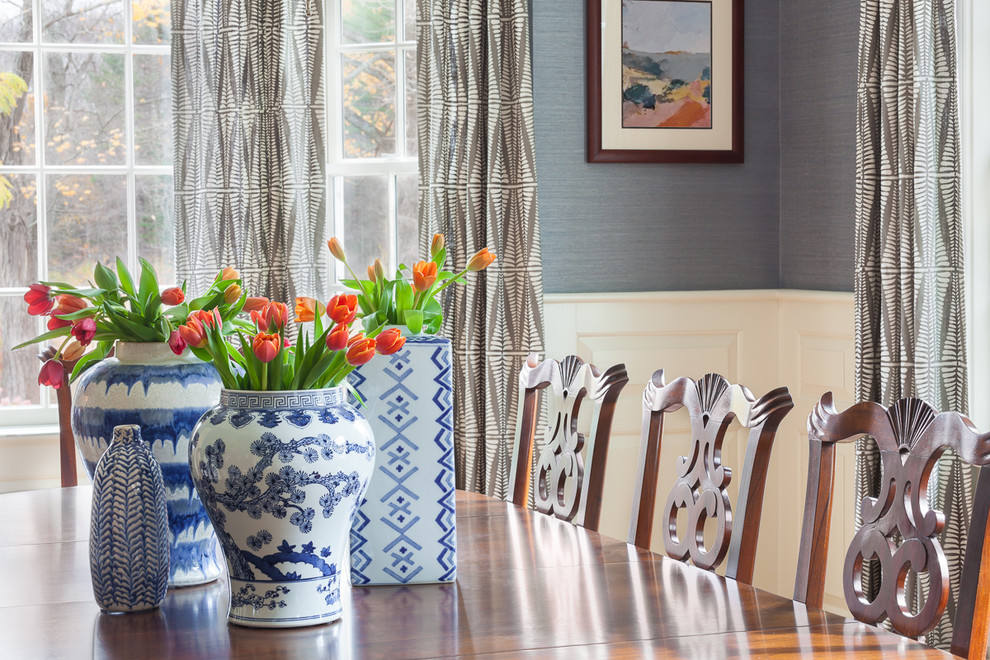 Mid-sized country separate dining room in Boston with blue walls, light hardwood floors and no fireplace.
