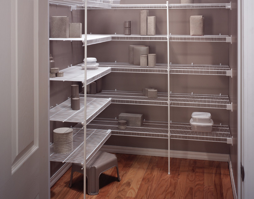 Inspiration for a mid-sized transitional medium tone wood floor kitchen pantry remodel in Chicago