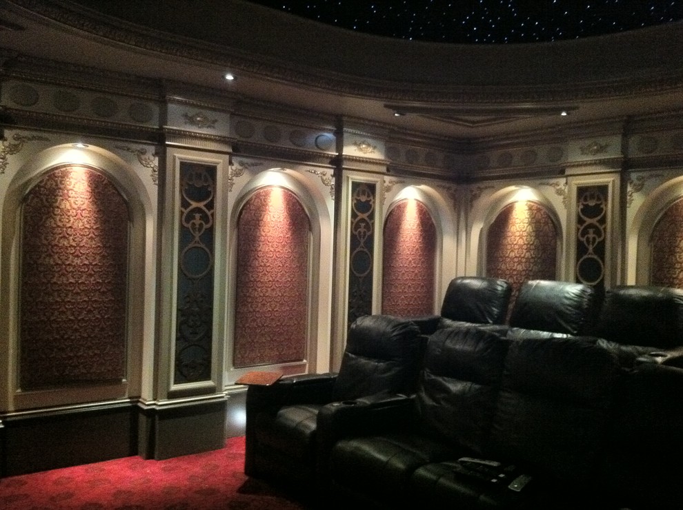 Inspiration for a mediterranean home theatre in Charlotte.