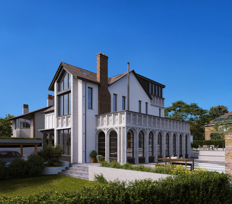 Idee per la villa bianca mediterranea a tre piani di medie dimensioni con rivestimento in mattoni, tetto a capanna, copertura in tegole, tetto marrone e pannelli sovrapposti