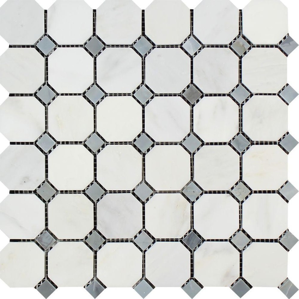 12"x12" Oriental White Honed Marble Octagon Mosaic, Blue-Gray Dots, Set of 50