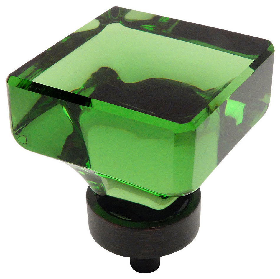 Cabinet Square Knob, Base, Oil Rubbed Bronze, Glass, Emerald Green, Set of 10
