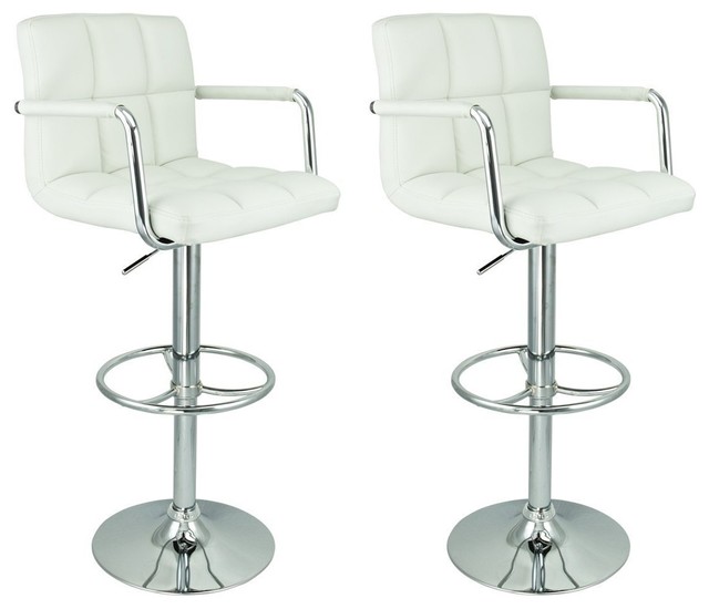 Hexagrid Pu Height Adjustable Bar Stool With Arms in White, Set of 2