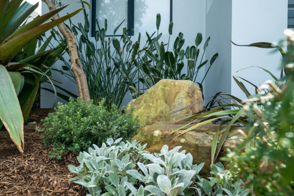 Стильный дизайн: маленький тенистый засухоустойчивый сад на переднем дворе в морском стиле с камнем в ландшафтном дизайне и мульчированием для на участке и в саду - последний тренд