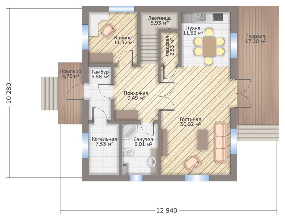 Дом по комбинированной технологии (камень + клееный брус) 225 метров (КД-225)