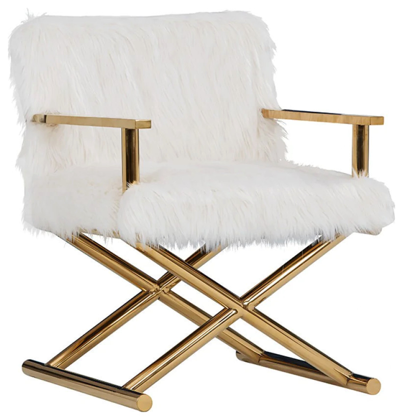 Wade Modern White Faux Fur and Gold Accent Chair