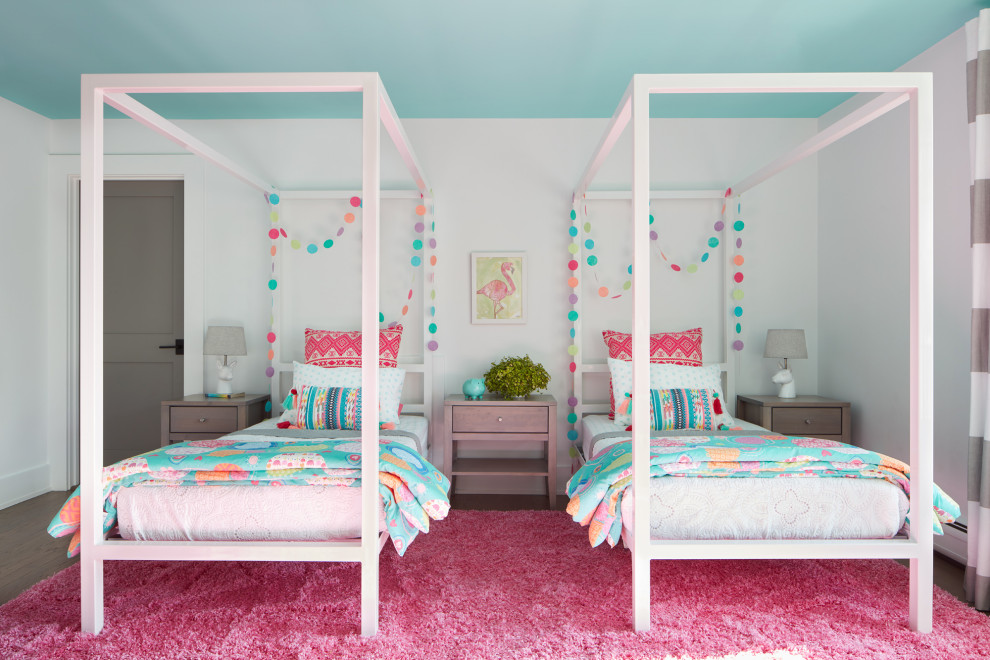 ボストンにある中くらいなトランジショナルスタイルのおしゃれな寝室 (白い壁、カーペット敷き、ピンクの床) のインテリア