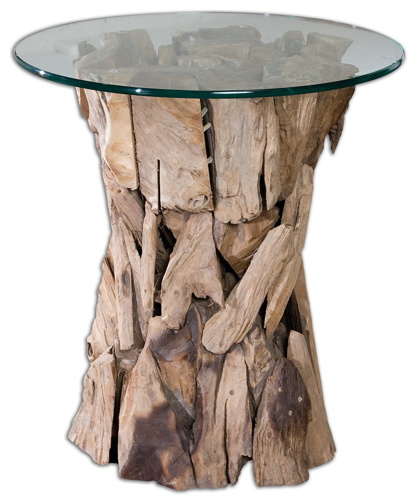 Teak Root Glass Top Lamp Table